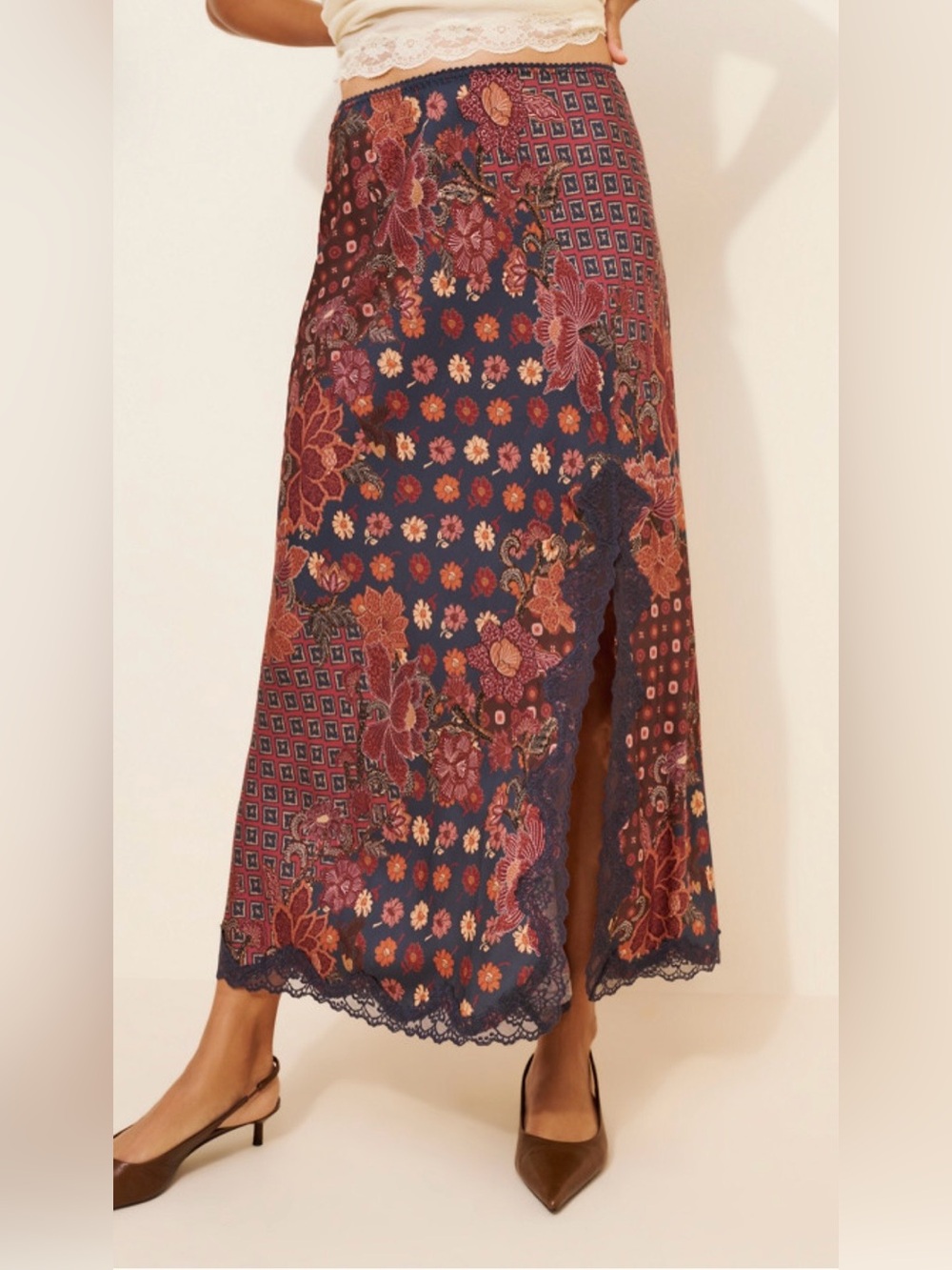 Spell Navy Floral Patchwork Maxi Skirt with Lace Trim